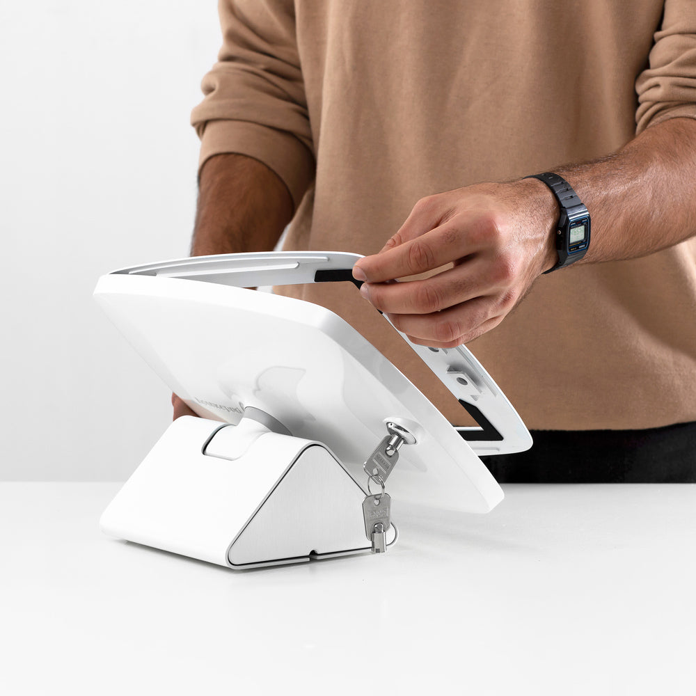Bouncepad Flip - A secure tablet & iPad tablet stand for POS in white.