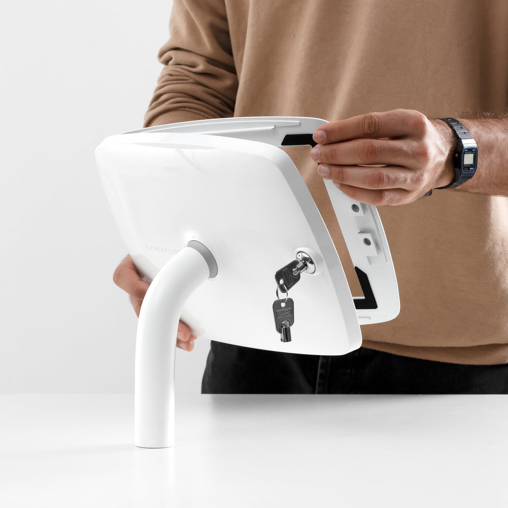 Bouncepad Static 60 - A secure tablet & iPad desk mount in white.