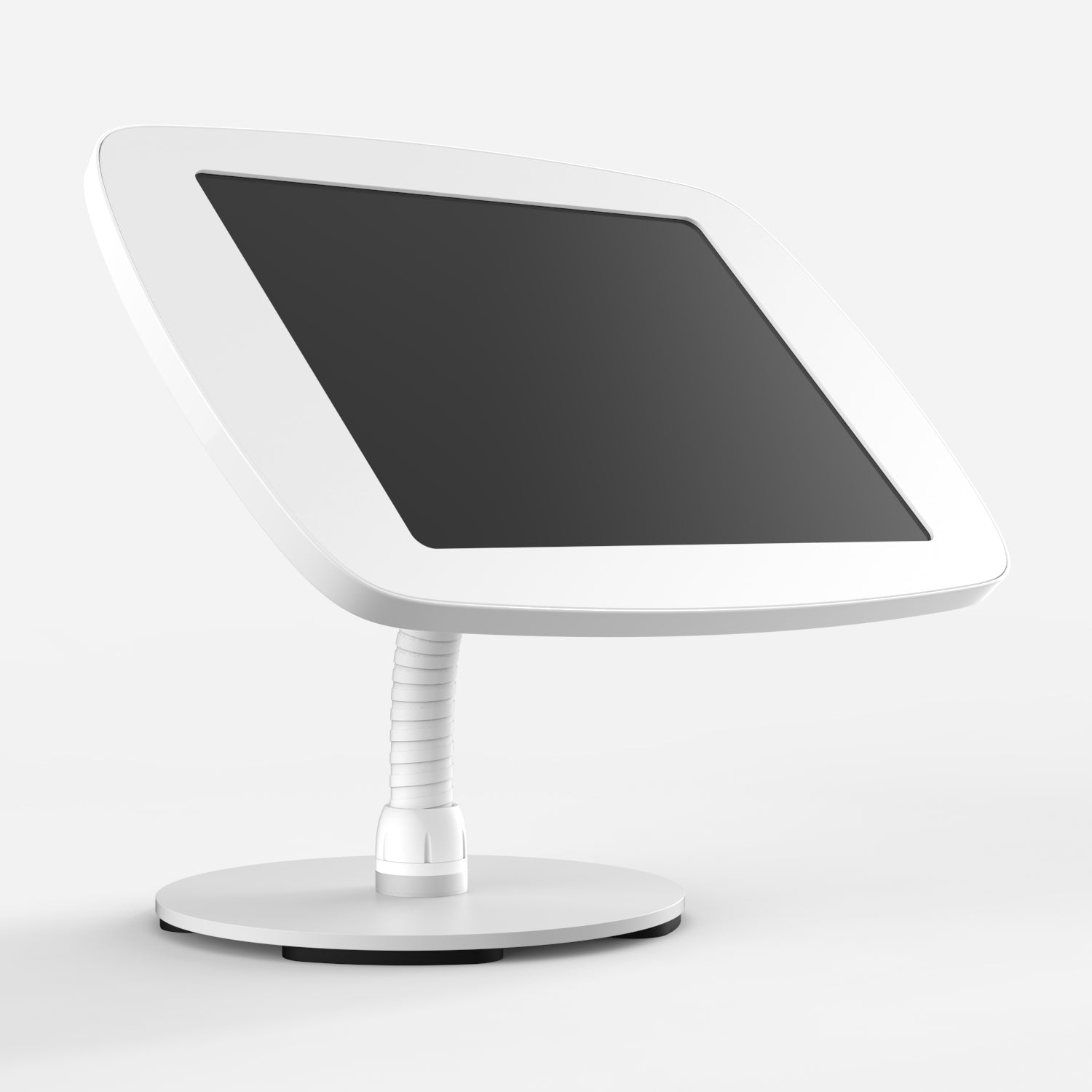 Bouncepad Counter Flex - A secure tablet & iPad gooseneck stand in white.